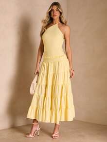 Enchnt Spring/Summer Romantic Women's Yellow Backless Maxi Cake Dress For Women,Sweet&Elegant For Vacation&Date&Holiday&Going Out,Spring Outfit Women - Light Yellow - View 4