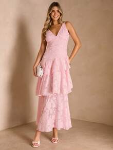 Enchnt V-Neck Cutout Waist Flattering Vacation Dress - Pink - View 1