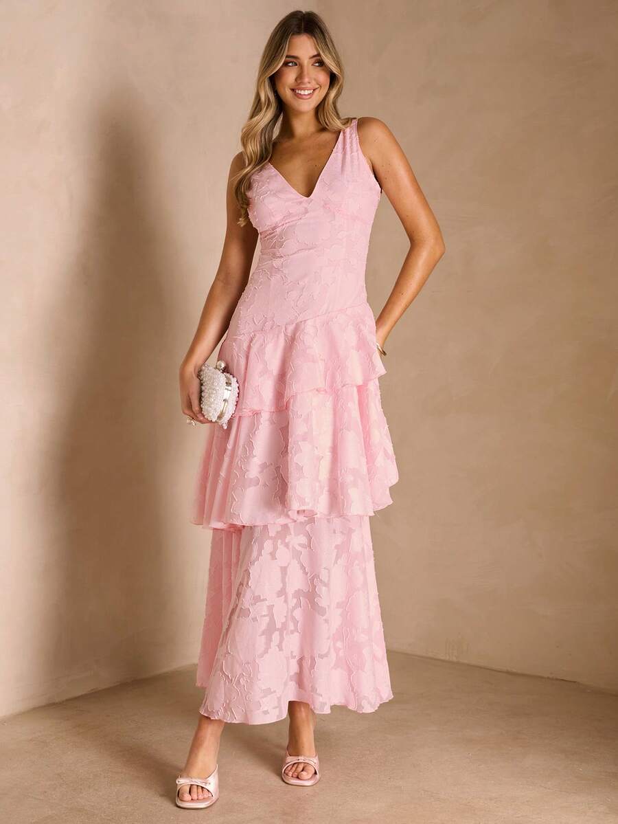 Enchnt V-Neck Cutout Waist Flattering Vacation Dress - Pink - View 1