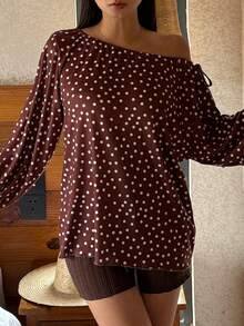 DAZY Polka Dot Print Loose Asymmetrical Shoulder Top & Super Short Fitted Pajama Pants Women Sleepwear Set - Brown - View 6