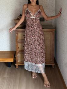 DAZY Summer Beach Vacation Floral Print Lace Patchwork Cinched Waist Back Camisole Dress For Women Pajamas - Brown - View 8