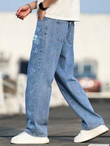 Manfinity Hypemode 男士高级腰果花数码印花牛仔裤 - 藍色 - 查看 3