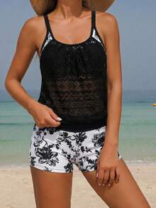 Swim Lushoire 2件套夏季沙滩女士碎花随机图案吊带背心式泳衣上衣和短裤套装 - 彩色 - 查看 3