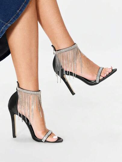 Glitzique 奢华闪亮钻石性感高跟凉鞋，黑色拉链带，水钻细高跟鞋，舒适女士超高跟鞋，派对和婚礼鞋