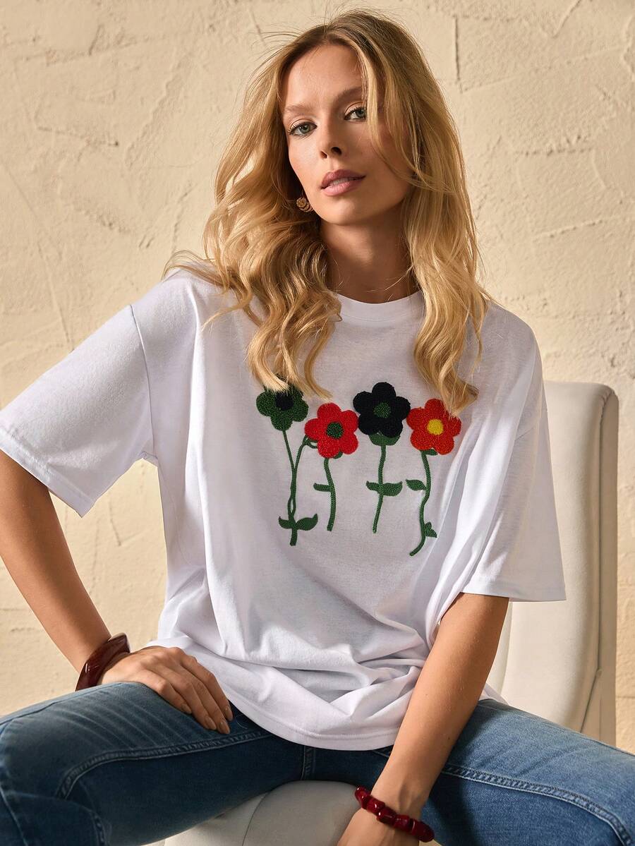 Bóhologie 彩色花朵刺绣白色T恤 - 白色 - 查看 1