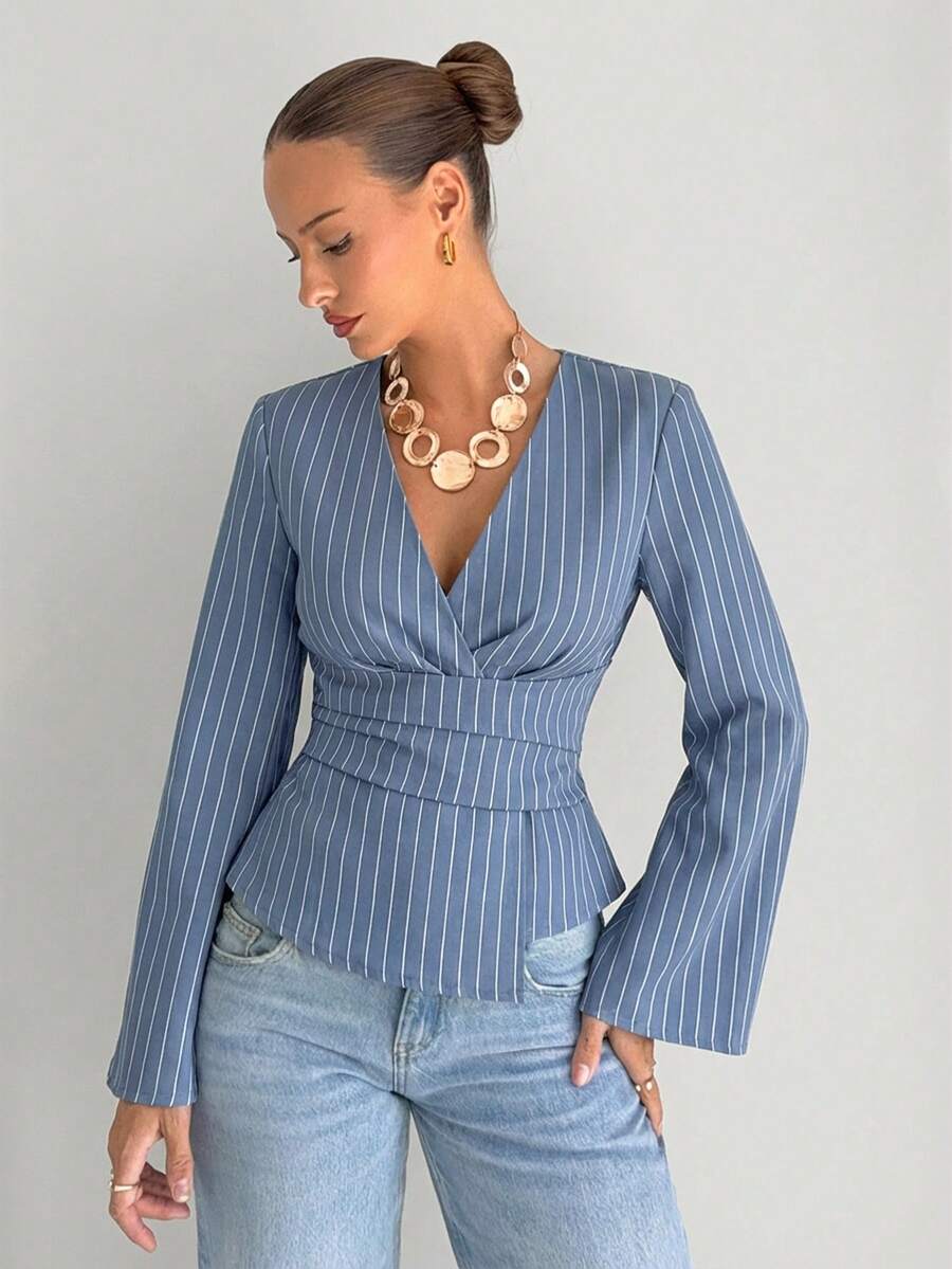 Siren Gaze 女士休闲条纹印花V领褶皱腰身衬衫，适合春秋季、度假、日常穿着和通勤。 - 淺藍色 - 查看 1