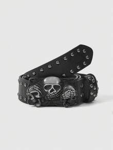 Grunge Punk 新款时尚个性化水钻装饰休闲皮带，女士光滑带扣可调节腰带，带骷髅吊饰，适合万圣节夏季、秋季、秋季、万圣节 - 黑色 - 查看 7