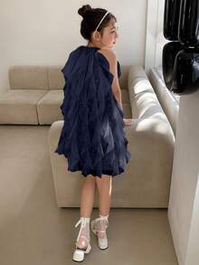 DAZY Tween Girls' Summer Elegant Mesh Ruffle Halter Dress - Navy Blue - View 3