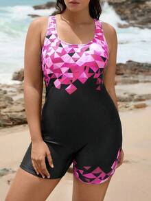 Swim SPRTY Bộ đồ bơi liền thân cỡ lớn dành cho nữ, in họa tiết ghép mảnh, khoét lưng, thích hợp cho bãi biển, lướt sóng và thể thao. - Màu Hồng Tươi - Xem 3