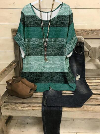 EMERY ROSE Plus Size Women Textured Striped Print Batwing Sleeve Round Neck Shirt, Plus Size Blouse Green Long Sleeve Top Green Outfits For Women Lake Outfits Women Emerald Green Top