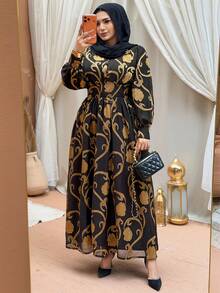 Dazy Plus 刺绣亮色花卉雪纺灯笼袖收腰派对连衣裙，大码，春夏长款连衣裙 - 黑色 - 查看 5