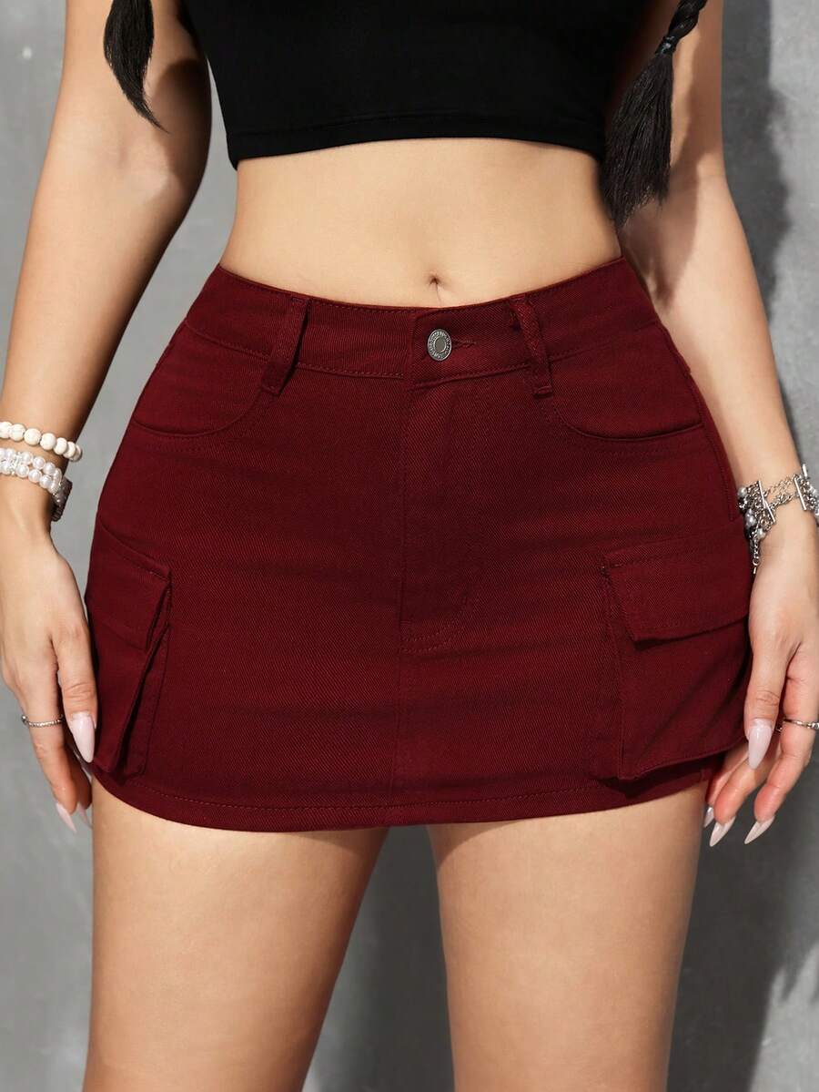 SHEIN PETITE 純色修身休閒牛仔迷你裙,適合夏季穿搭,適合嬌小女性 - 玫紅色 - 查看 1