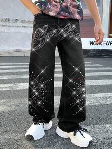 Quần jeans ống đứng màu đen đơn giản, thoải mái, phong cách Y2K cổ điển, cá tính, họa tiết chữ lấp lánh và hình kim cương, thích hợp mặc hàng ngày, dự tiệc mùa xuân hè và dạo phố. - màu đen - Xem 5