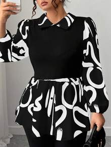 Elenzga Camisa de manga larga con cuello vuelto y estampado de color contrastante para tallas grandes - Negro - Ver 6