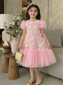 SHEIN 女童雪纺碎花荷叶边圆领休闲连衣裙 - 白色 - 查看 5