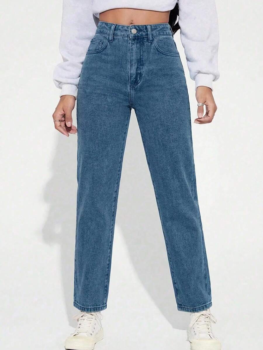 SHEIN PETITE Jeans de mezclilla de cintura alta lavados de estilo casual para mujer - Azul - Ver 1