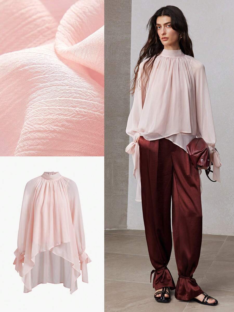 ZEYLAH Mandarin Collar Ruched Asymmetrical Hem Romantic Blouse, Spring - Baby Pink - View 1