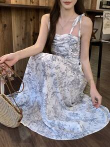 FRIFUL 女士花卉装饰吊带收腰A字连衣裙，度假连衣裙 - 彩色 - 查看 7