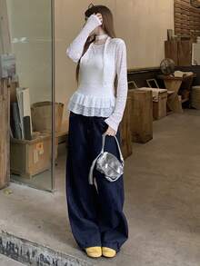 DAZY 女士透视蕾丝荷叶边领长袖T恤，性感轻盈防晒百搭上衣 - 白色 - 查看 4