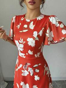 Elenzga Đầm nữ thanh lịch, lãng mạn, tay bồng, cổ tròn, thắt eo, in kỹ thuật số. - Nhiều màu - Xem 3