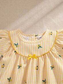 Souflis Souflis Đầm ngắn tay in họa tiết kẻ caro thắt nơ cho bé gái - Màu vàng - Xem 6