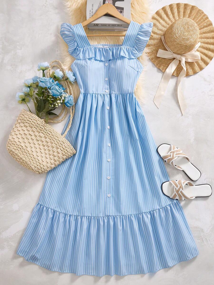 ChillGRL Vestido de niña adolescente para primavera y verano con cuello de volantes, botones y empalmes, elegante y apropiado para uso diario, casual, vacaciones, playa y cenas - Azul - Ver 1