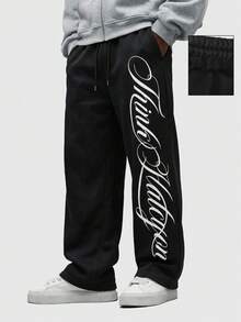 ROMWE MEN Street Life Spring Casual Graphic Men'S Elastic Waist Drawstring Casual Sweatpants - Black - View 2