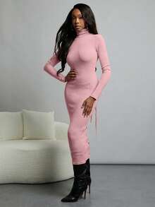 NYA SZN Dress Long Sleeve Turtle Neck Fitted Sweater Business Casual Everyday Cool Girl Ibiza Halloween Holiday Midi Length Fall Winter Outfits Women - Baby Pink - View 4