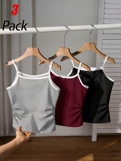 3pcs Girls' Long Camisole Tops, Black, Floral Gray, Wine Red, Sweet & Cool Style, Suitable For Outings, Streets, Vacations, Summer, Girls & Girl All-Match Casual Everyday Wear