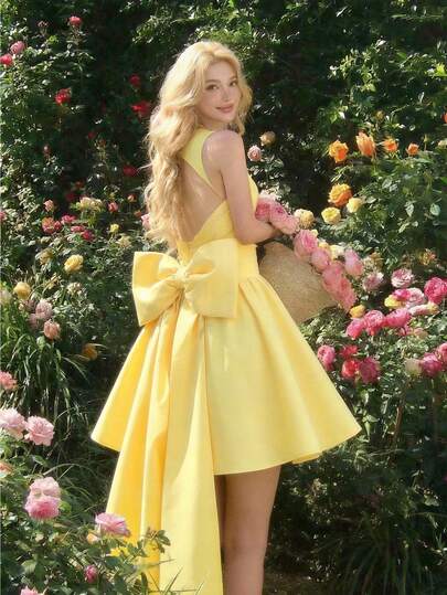 SHEIN MOD 黄色方领露背大蝴蝶结短裙——完美适用于度假、约会、野餐、派对、舞会、节日和生日；浪漫复古宫廷风