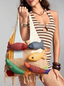 ROMWE Kawaii 1 pieza Bolso de hombro grande con forma de pez y bloques de color, Bolso bohemio de ganchillo para mujer, adecuado para la playa, vacaciones y uso diario - Caqui - Ver 8