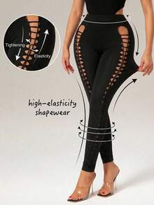 Radiana Women's Sexy Unique Black Handmade Rope Hollow Out Skinny Leggings, Black Tights, High Elastic Knit Fabric, Fitting Body Accentuating Curves, Suitable For Night, Club, Nightclub, Party, Festival, Holiday Outfit Black Leggings For Women Cut Out Pants - Black - View 6