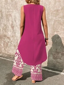 EMERY ROSE 2pcs/Set Paisley Print Sleeveless Top And Wide Leg Pants Set - Hot Pink - View 2