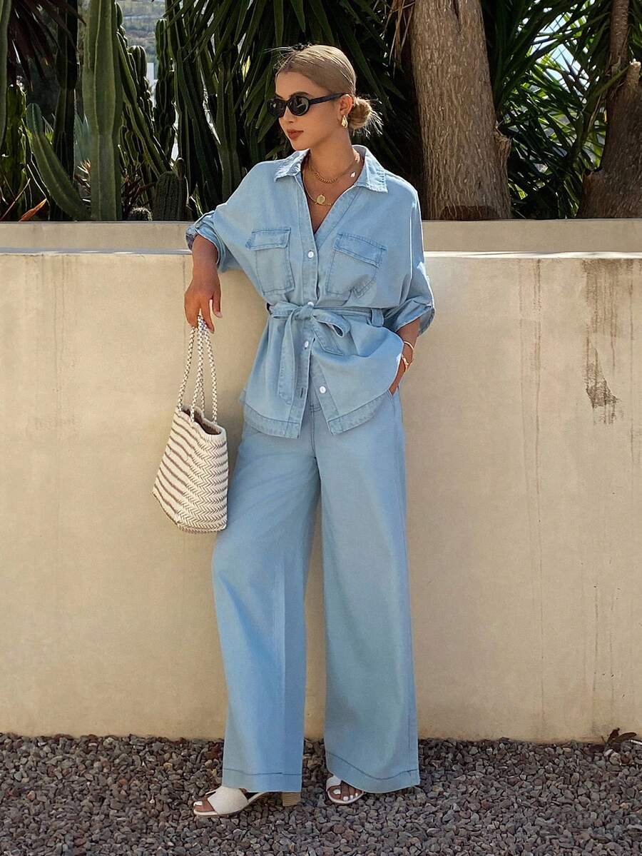 DAZY Women's Collared Short Sleeve Cinched Waist Waist Denim Shirt And Loose Fit Long Pants Vacation & Casual Denim Set - Light Wash - View 1