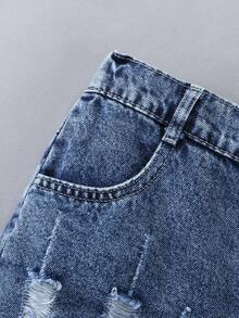 SHEIN Coolqubz 青少年男童时尚街头风修身做旧浅蓝色牛仔短裤，休闲日常百搭 - 深色水洗藍 - 查看 6