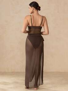 Swim Oasis Coffee One-Piece Swimsuit With Tie-Up Mesh Maxi Skirt, Mesh Patchwork Spaghetti Strap 2 Piece Bathing Suit,Summer Cute Beach Holiday - Multicolor - View 5