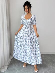 SHEIN Elenzya Women's Floral Print Sweetheart Neck Puff Sleeve Elegant Vacation Dress - Blue - View 4