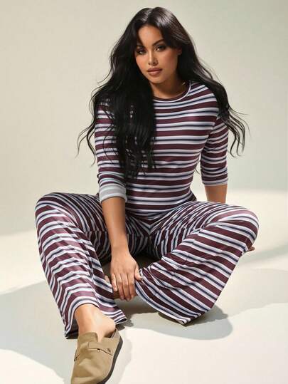Auralis Plus Size Women Casual Homewear Pajamas Set, Versatile Daily Wear, Striped Thermal Crew Neck Long Sleeve Top And Loose Striped Pants, Autumn/Winter
