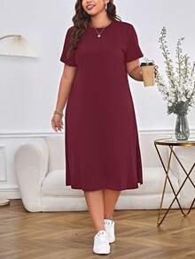SHEIN Essnce 大码休闲纯色侧开衩连衣裙，夏季 - 酒紅色 - 查看 4