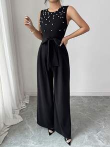 SHEIN Raffinéa 法式优雅度假连体裤，透视亮片拼接，后背拉链；腰部配有布腰带，泡泡袖褶皱设计，阔腿裤 - 黑色 - 查看 6