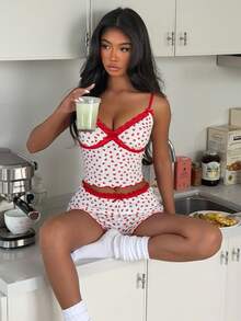 SHEIN 浪漫心形印花蕾丝边修身女士睡衣套装 - 白色 - 查看 3