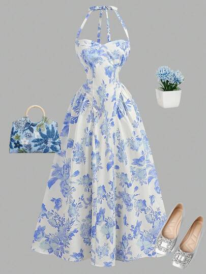 Girlism Vestido de flores de longitud media con cuello halter para niñas preadolescentes