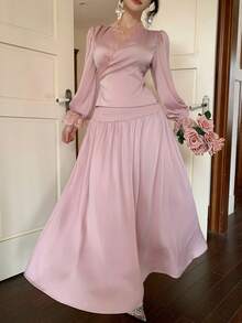 DAZY Women's V-Neck Lace Patchwork Wrap Long Sleeve Top And Long Skirt Elegant 2-Piece Set - Pink - View 6