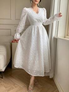 DAZY Women's Elegant Lace Patchwork V-Neck Puff Sleeve Dress, Spring/Summer - Beige - View 3