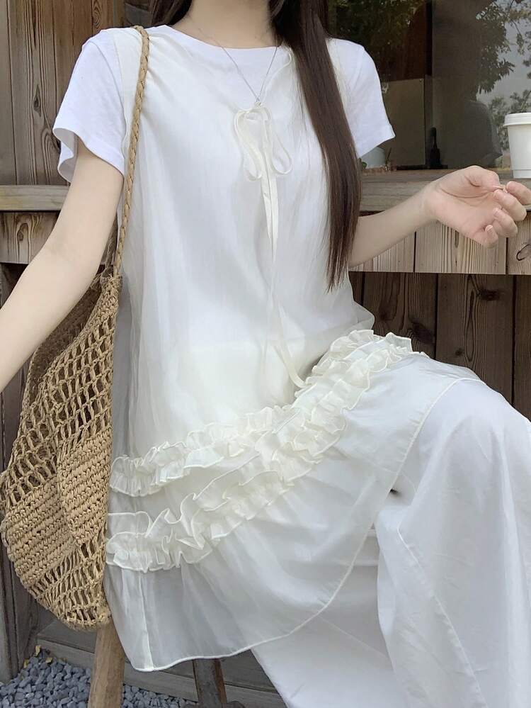 Women's Round Neck Tie-Up Sleeveless Frill Trim Patchwork Short Dress, Casual & Elegant Blouse Summer