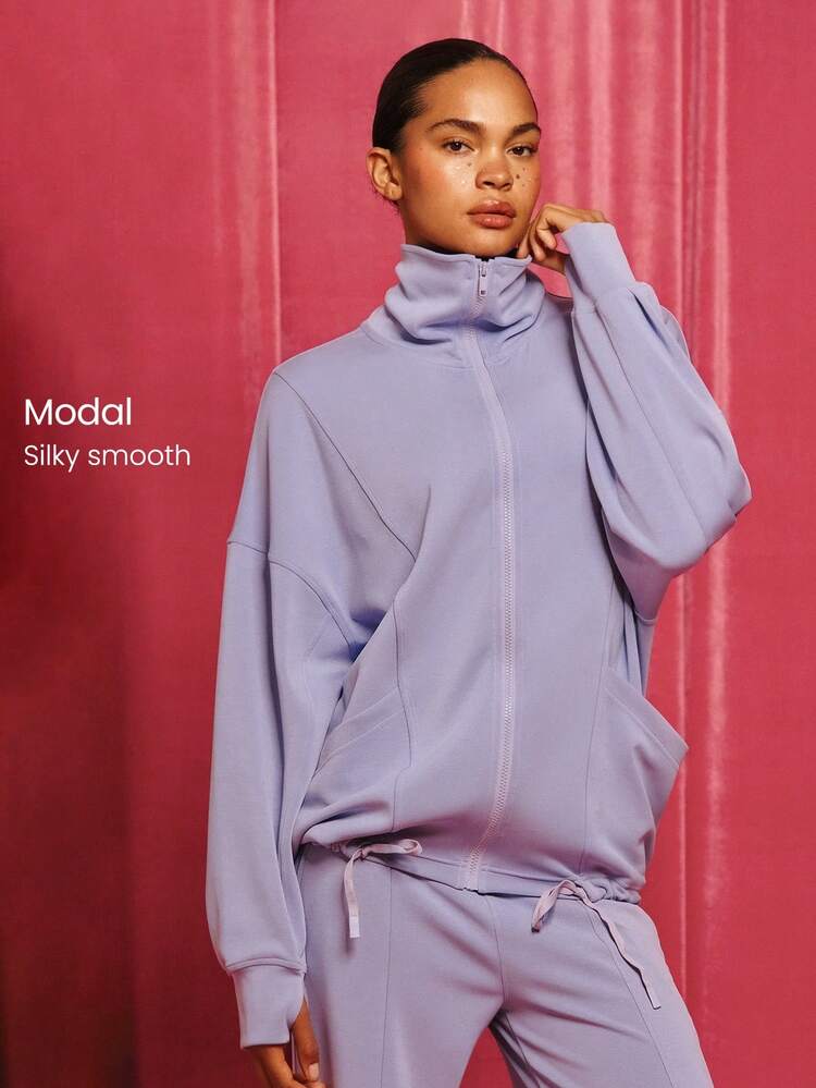 SoftCalm Modal Chill Days Oversized Silky Smooth Breathable Wide Collar Drawstring Hem Zip-Up Jacket Daily Casual Wear Fall Winter