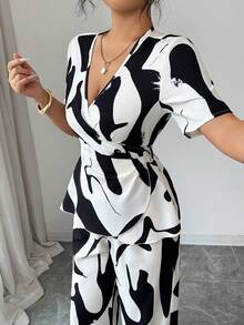 Elenzga Women's Black Contrast Color Print Waist Tie Design Top And Straight Leg Pants 2 Piece Set, Suitable For Outings And Home Wear, Spring/Summer - Multicolor - View 2