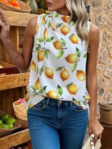 Selianne Yellow Lemon Print Sleeveless Casual Tank Top, Spring/Summer - Multicolor - View 5