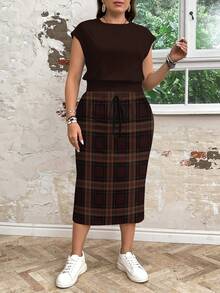 EMERY ROSE 复古格子印花休闲简约加大码两件套 - 彩色 - 查看 3