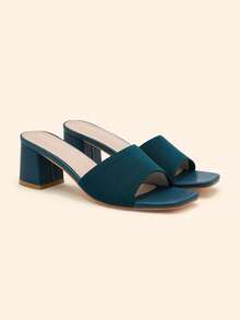 CUCCOO BASICS Woman Shoes Chain Decor Chunky Heeled Mule Sandals, Fashion Summer Heeled Sandals For Spring And Summer Vacation Shoes Summer Back To School Shoes College Student Shoes Elegant Basics Business Casual Business Chic Spring Shoes Spring Break Easter Spring Shoes - Dark Green - View 3
